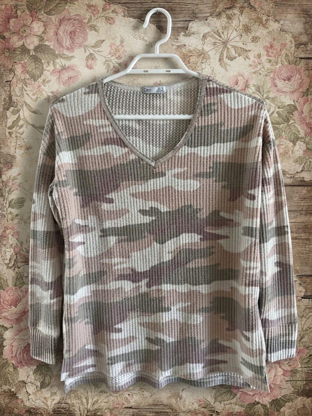 Dex Pink Camouflage Waffle Knit Sweater Side Slit Top XS soft